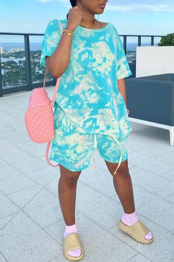 

lovely Leisure O Neck Tie Dye Blue Two Piece Shorts Set