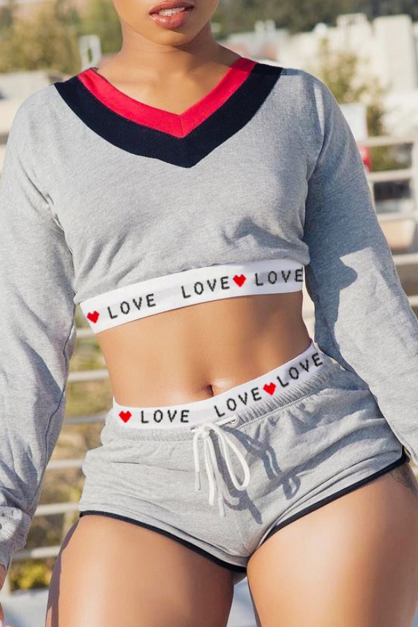 

lovely Sportswear Letter Patchwork Grey Two Piece Shorts Set