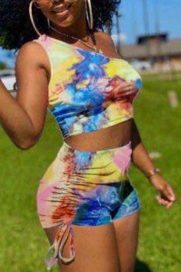 

lovely Street One Shoulder Tie Dye Blue Two Piece Shorts Set
