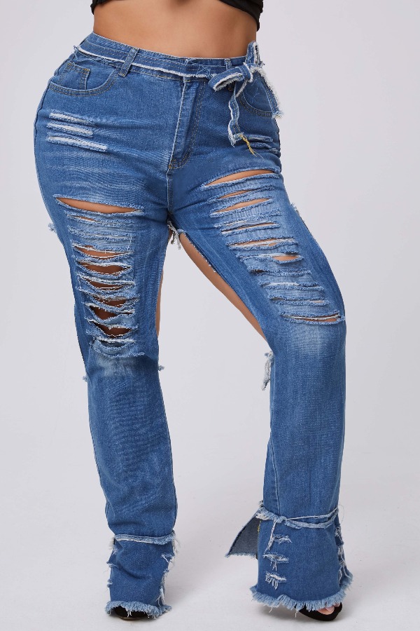 

lovely Casual Broken Holes Blue Plus Size Jeans