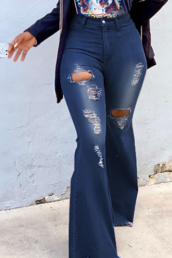 

lovely Stylish Hollow-out Flared Deep Blue Jeans