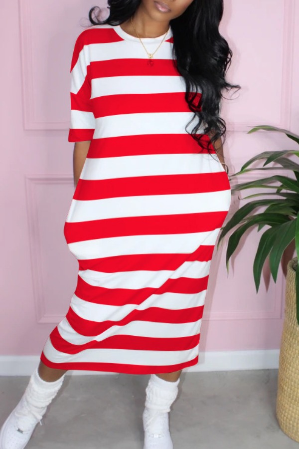 

lovely Casual O Neck Striped Red Mid Calf Dress