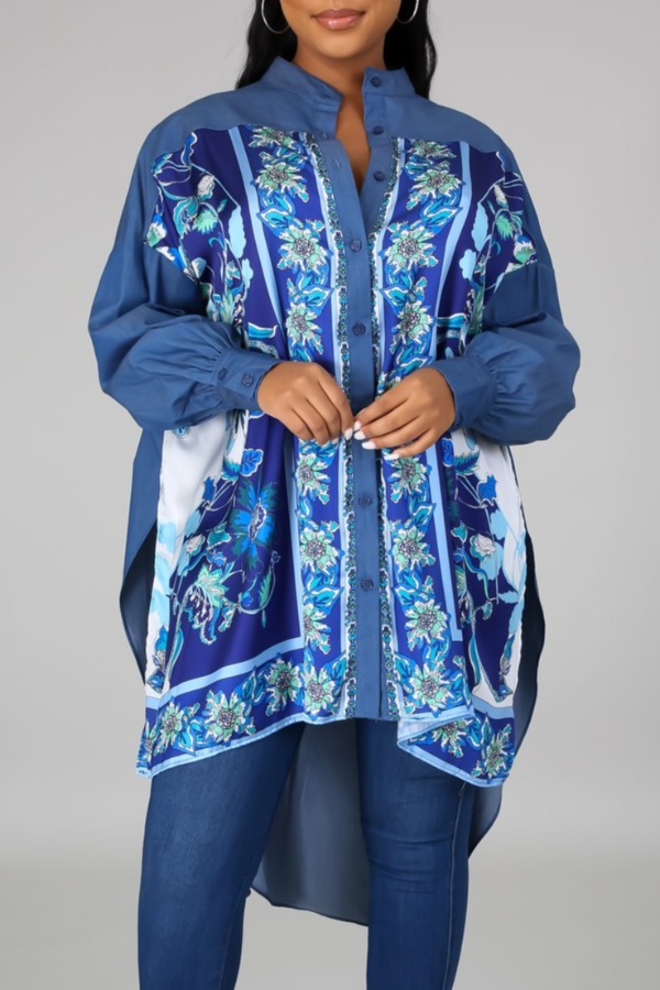 

lovely Ethnic Print Patchwork Blue Mid Calf Dress