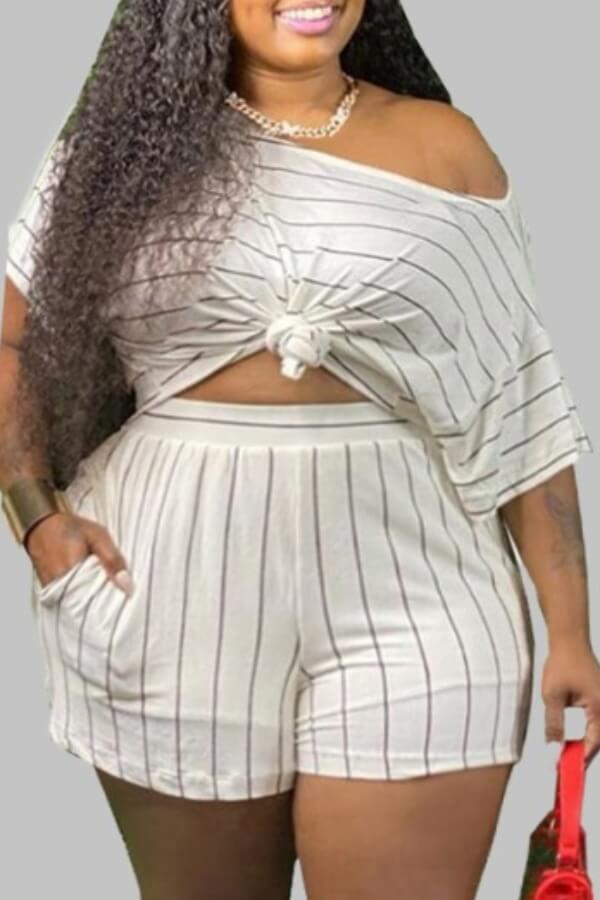 

LW Plus Size Striped Stretchy Shorts Set, White