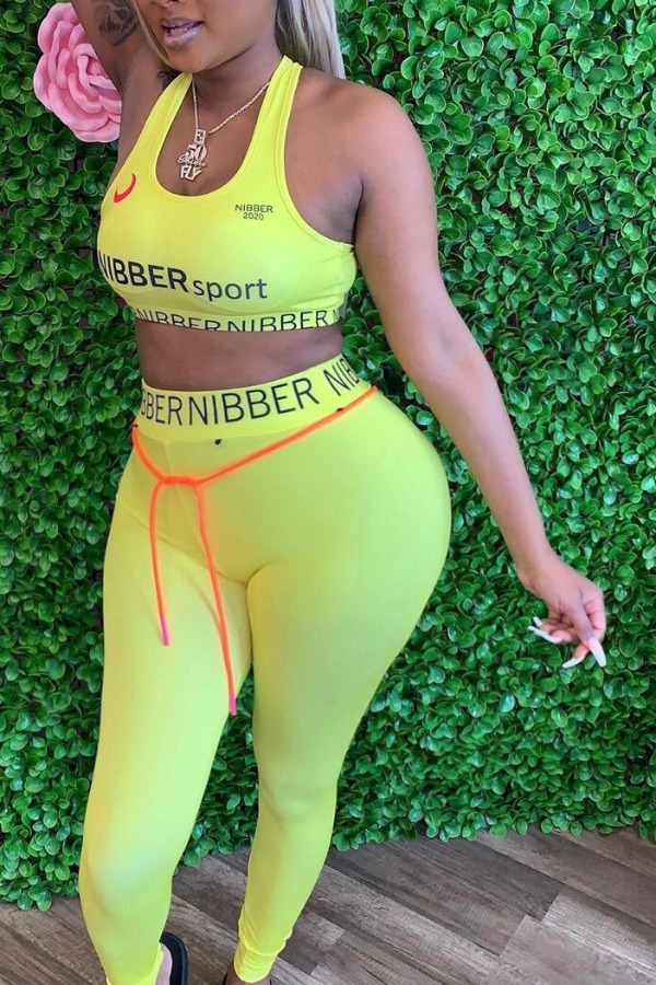 

lovely Sportswear Letter Light Yellow Plus Size Two-piece Pants Set