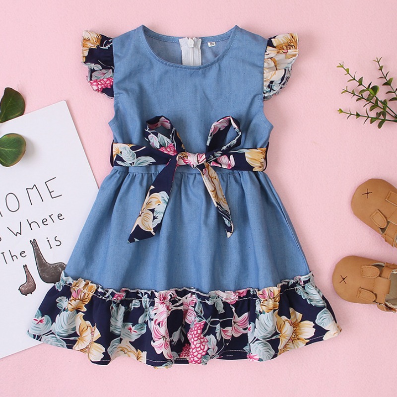 

lovely Trendy Print Patchwork Blue Girl Knee Length Dress
