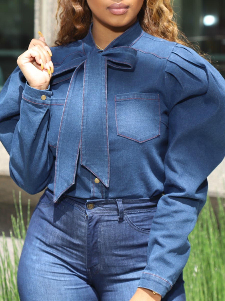 

lovely Sweet Lace-up Fold Design Blue Denim Blouse