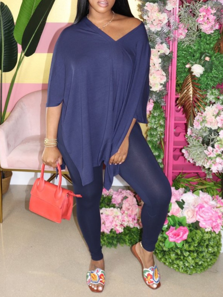 

LW Casual V Neck Side Slit Blue Two Piece Pants Set