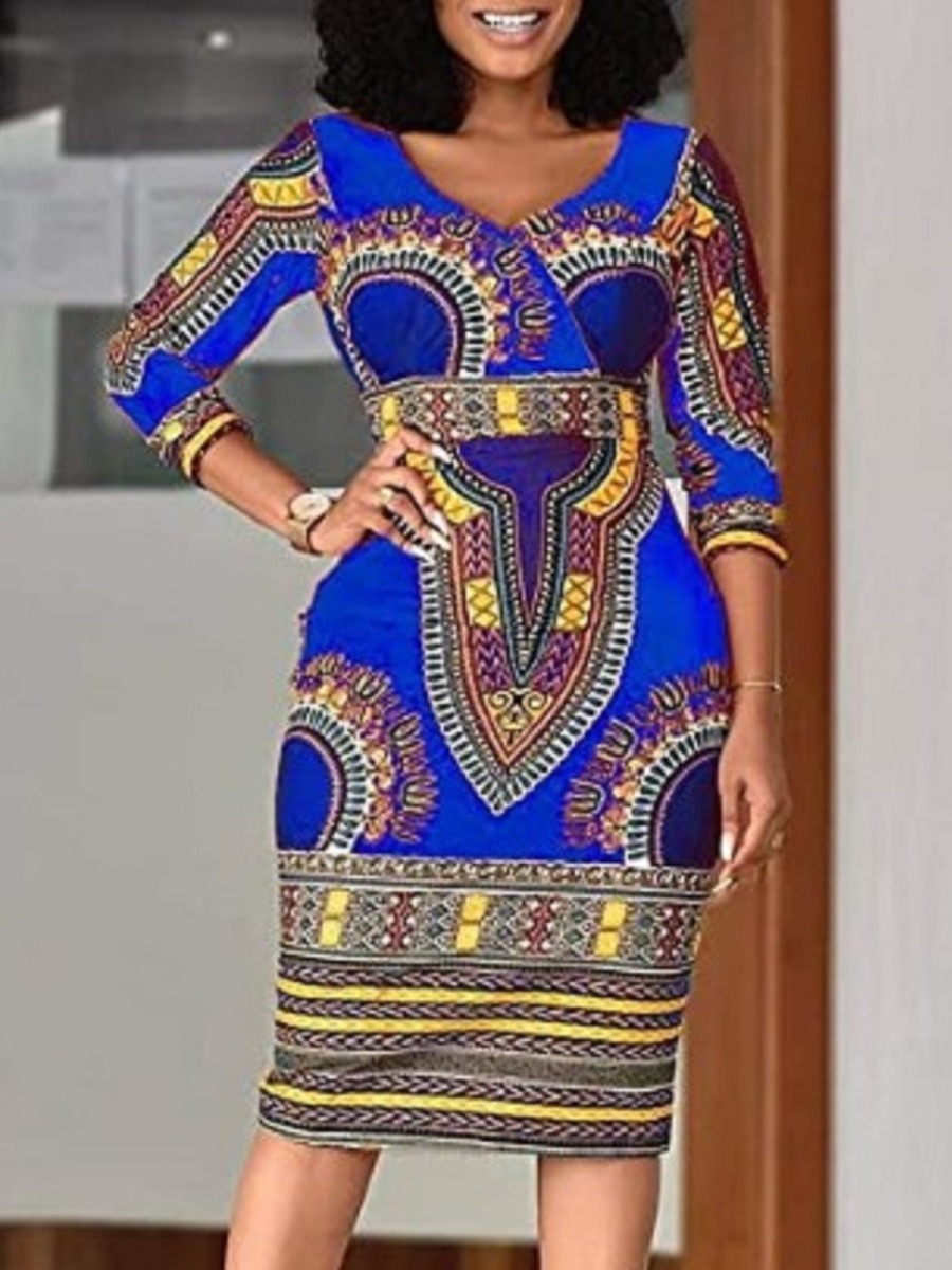 

lovely Stylish V Neck Print Blue Knee Length Dress