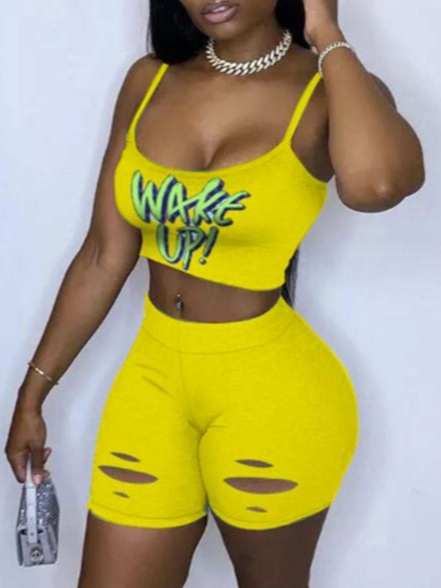 

lovely Sportswear Letter Print Tear Yellow Two Piece Shorts Set