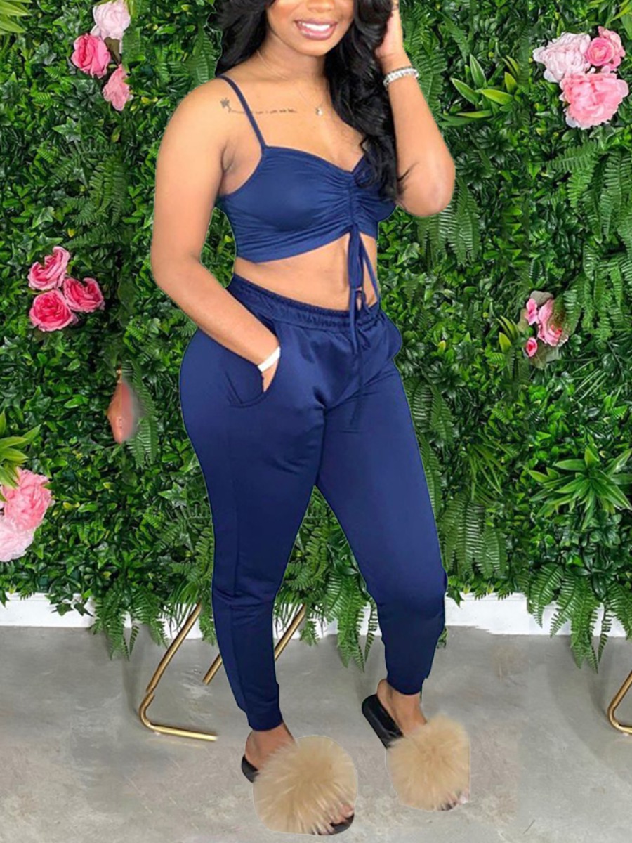 

lovely Sexy Fold Design Blue Two Piece Pants Set