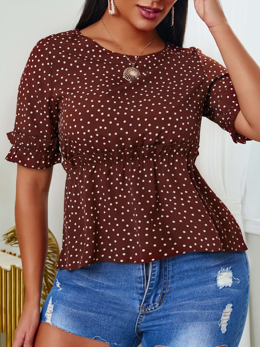 

lovely Sweet O Neck Dot Print Wine Red Blouse