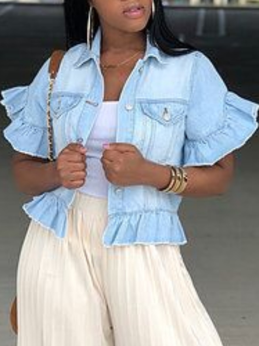 

lovely Sweet Buttons Design Flounce Design Baby Blue Denim Jacket