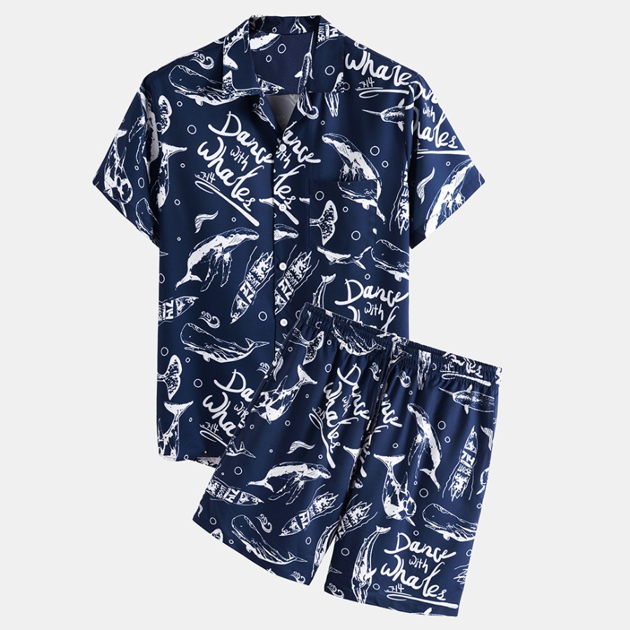 

lovely Leisure Turndown Collar Print Blue Two-piece Shorts Set