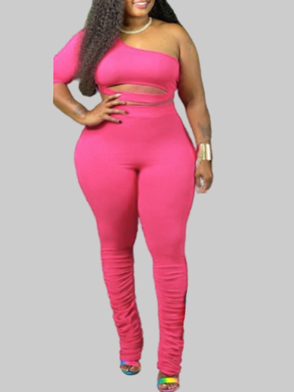 

lovely Stylish One Shoulder Hollow-out Pink Plus Size One-piece Jumpsuit