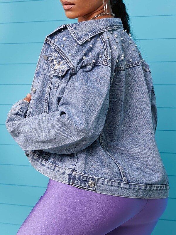 

Lovely Casual Turndown Collar Pearl Decorative Blue Denim Jacket