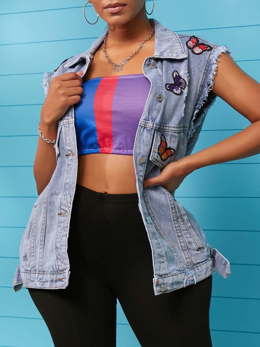 

Lovely Casual Turndown Collar Butterfly Blue Denim Jacket