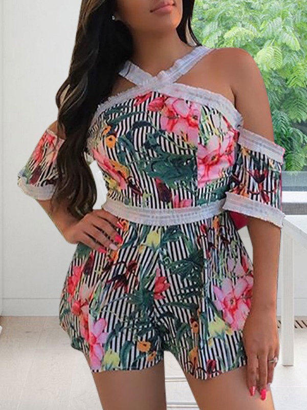 

lovely Stylish Striped Print Hollow-out Green One-piece Romper