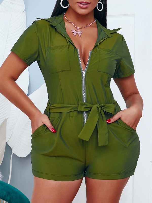 

lovely Casual Zipper Design Green One-piece Romper