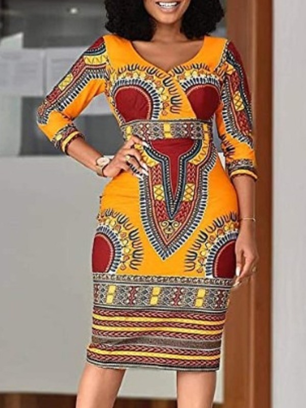 

lovely Trendy V Neck Print Yellow Knee Length Dress