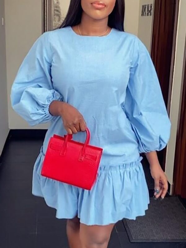 

Lovely Sweet O Neck Fold Design Blue Knee Length Dress