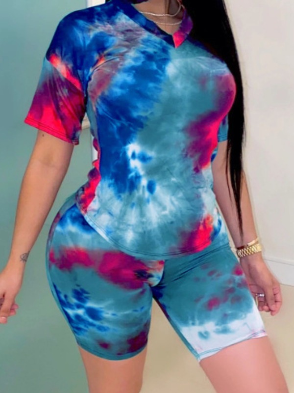 

lovely Leisure V Neck Tie Dye Blue Two Piece Shorts Set