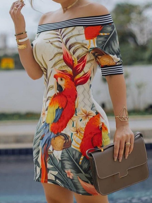

lovely Trendy Dew Shoulder Print Red Mini Dress