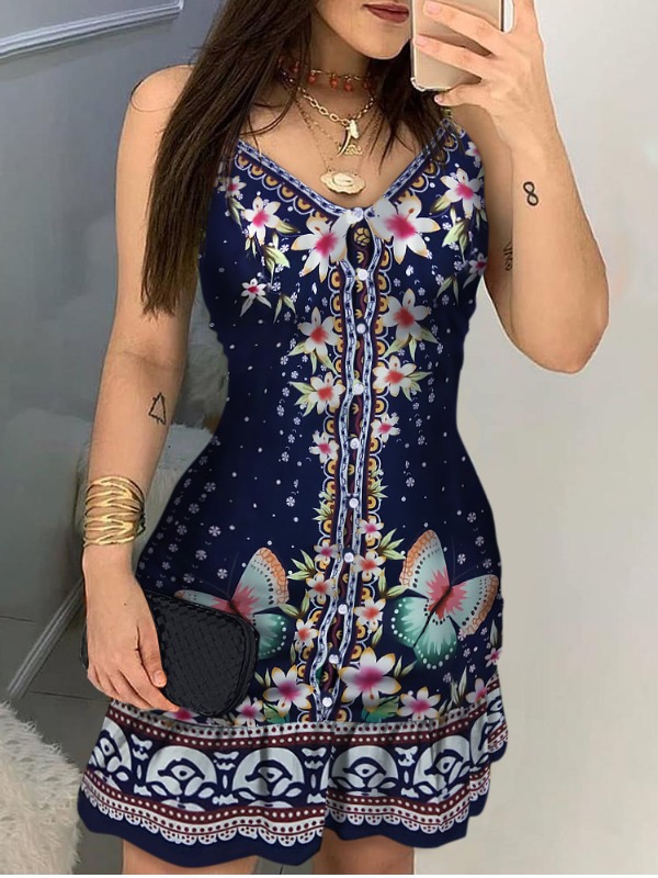 

lovely Ethnic Print Dark Blue Mini Dress