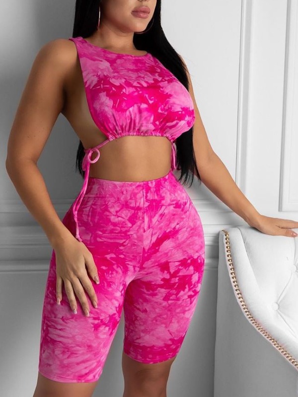 

lovely Stylish Tie Dye Lace-up Rose Red Two Piece Shorts Set