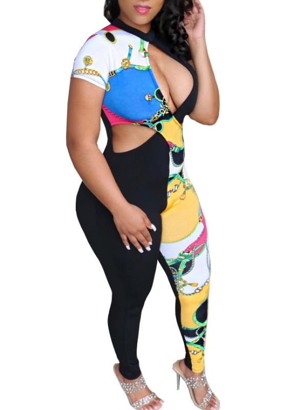 

lovely Stylish Print Hollow-out Black One-piece Jumpsuit