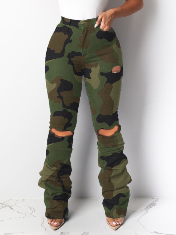 

lovely Trendy Camo Print Broken Holes Jeans