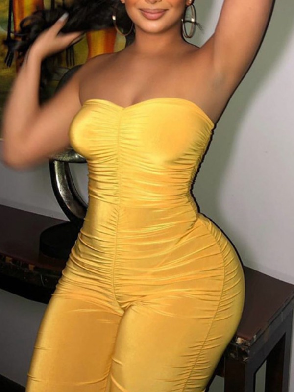 

lovely Sexy Dew Shoulder Fold Design Yellow One-piece Jumpsuit