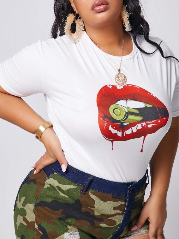 

lovely Leisure O Neck Lip Print Red Plus Size T-shirt