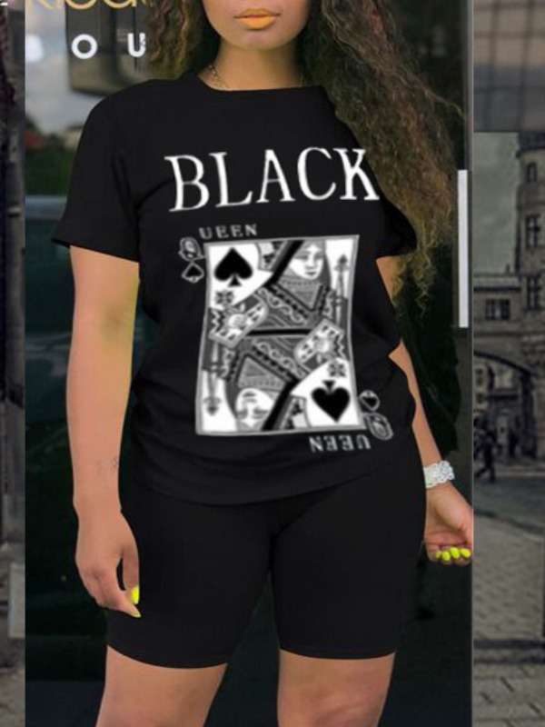 

lovely Casual O Neck Letter Print Black Two Piece Shorts Set