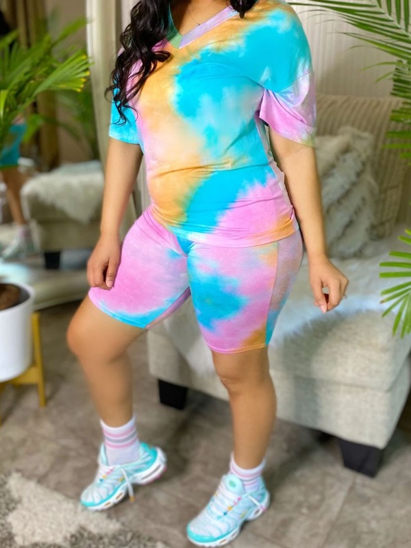 

lovely Street V Neck Tie Dye Blue Two Piece Shorts Set