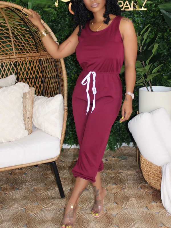 

Lovely Casual O Neck Lace-up Wine Red One-piece Jumpsuit