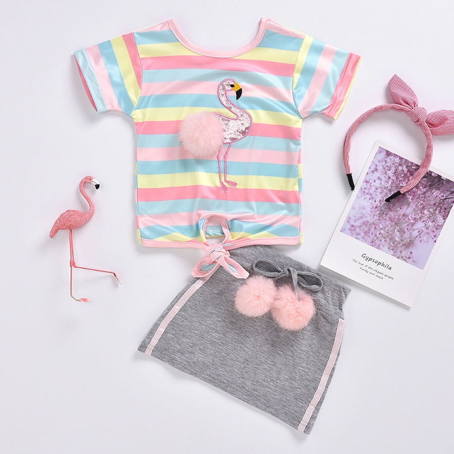 

lovely Casual Rainbow Striped Grey Girl Two-piece Skirt Set