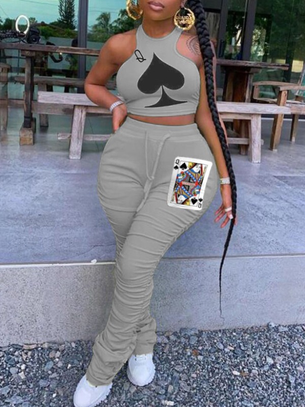 

lovely Casual Print Fold Design Grey Plus Size Two-piece Pants Set