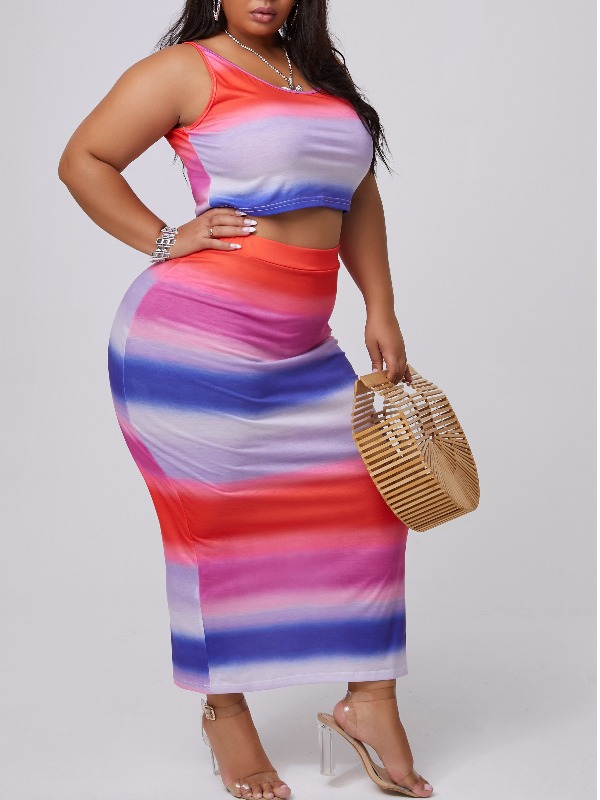 

lovely Casual Tie-dye Multicolor Plus Size Two-piece Skirt Set, Multi