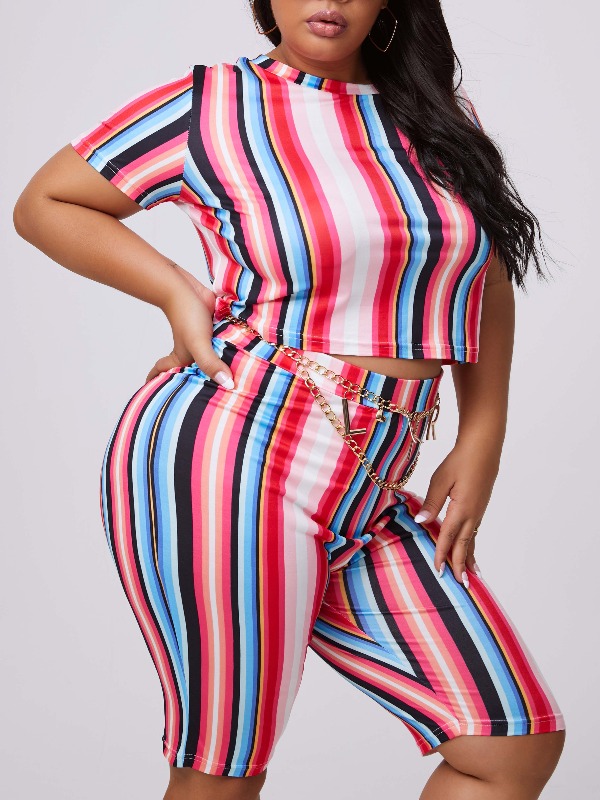 

lovely Casual O Neck Rainbow Striped Plus Size Two-piece Shorts Set, Stripe