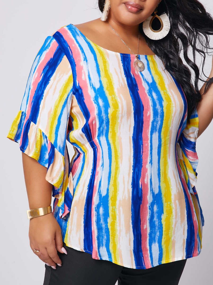 

lovely Trendy O Neck Striped Print Multicolor Plus Size Blouse, Multi