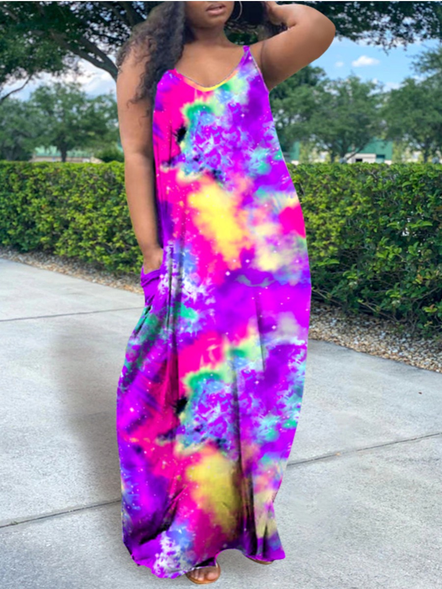 Lovely Leisure V Neck Tie-dye Purple Maxi Dress