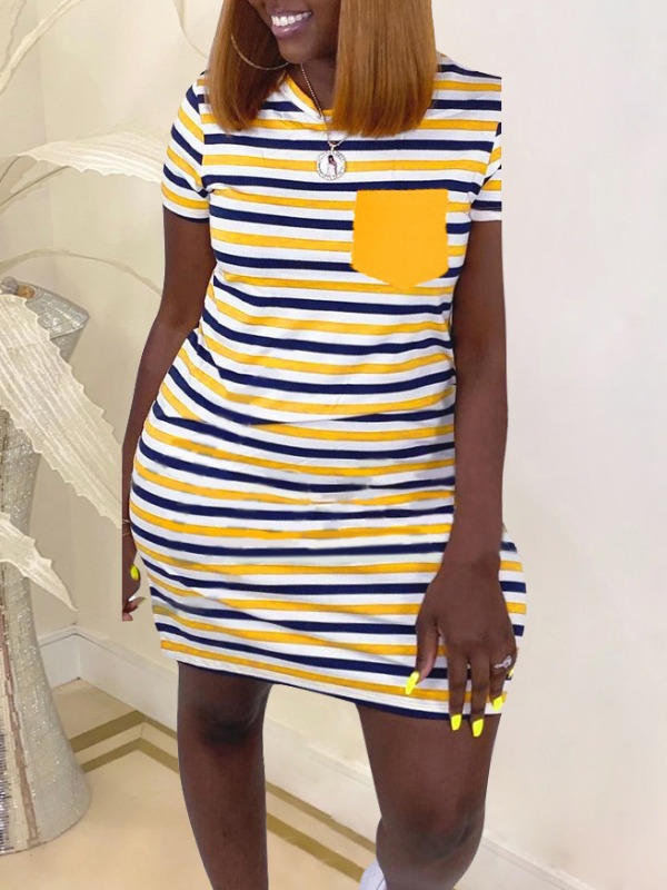 

Lovely Casual O Neck Striped Orange Mini Plus Size Dress