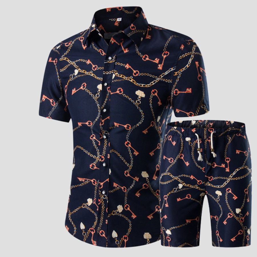 

Men lovely Leisure Print Blue Two-piece Shorts Set