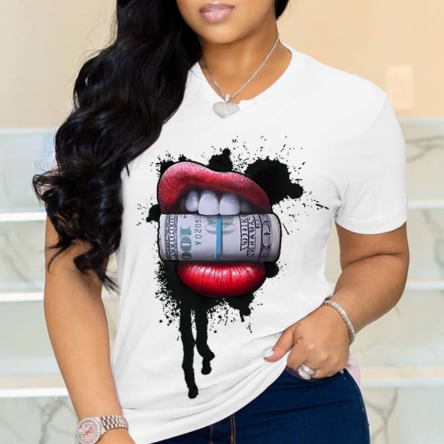 

lovely Casual O Neck Lip Print White T-shirt