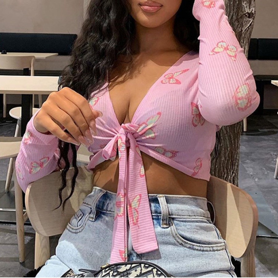 

lovely Sweet Butterfly Print Knot Design Pink T-shirt