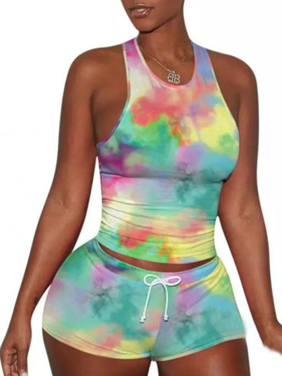 

lovely Sportswear Sleeveless Tie-dye Green Loungewear