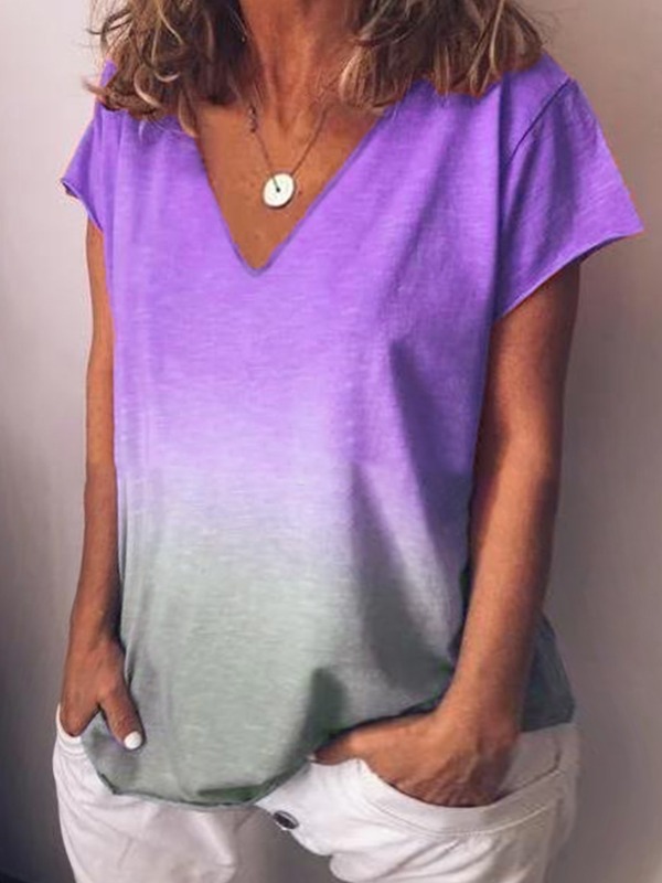

lovely Casual V Neck Gradual Change Purple Plus Size T-shirt