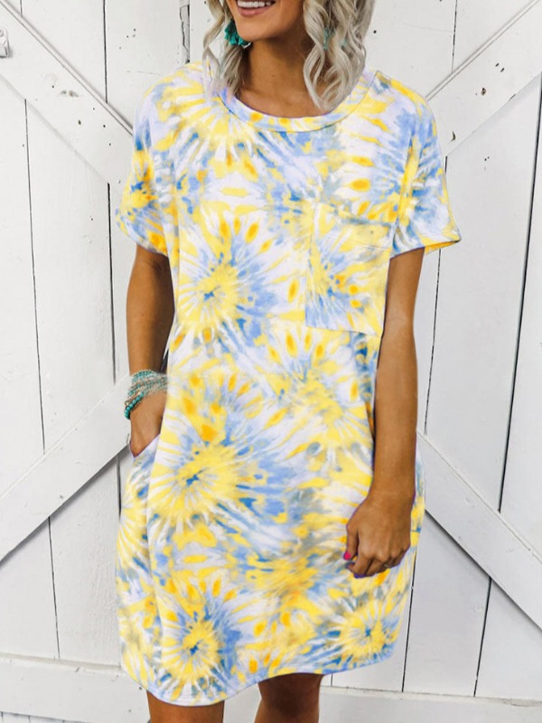 

lovely Leisure O Neck Tie-dye Yellow Mini Plus Size Dress