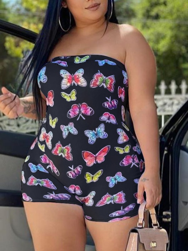 

lovely Trendy Dew Shoulder Butterfly Print Black Plus Size One-piece Romper